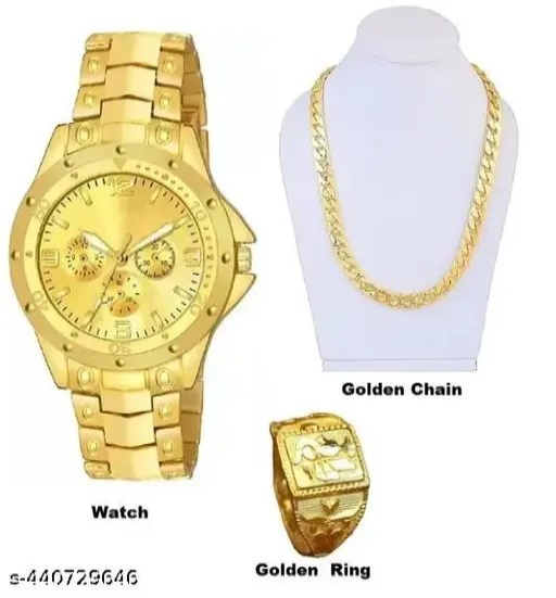 Rosra Golden Formal Watch For Men's Ring +Chain Free (MOR RING+ CHAIN) For Boys