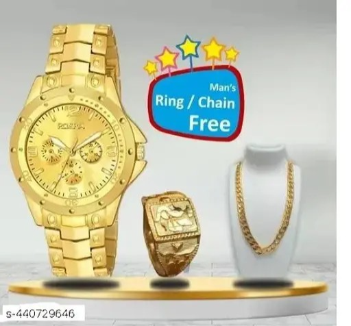 Rosra Golden Formal Watch For Men's Ring +Chain Free (MOR RING+ CHAIN) For Boys